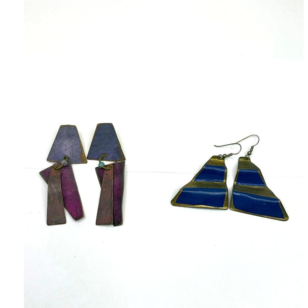 Brutalist Copper Brass Artisan Made Statement Earrings Lot of 2 Pairs